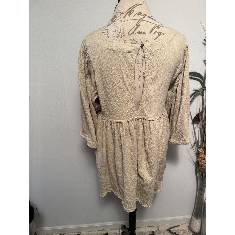 Free People Textured Gauze Babydoll Tunic Top‎ Beige XS Smocked Button Back